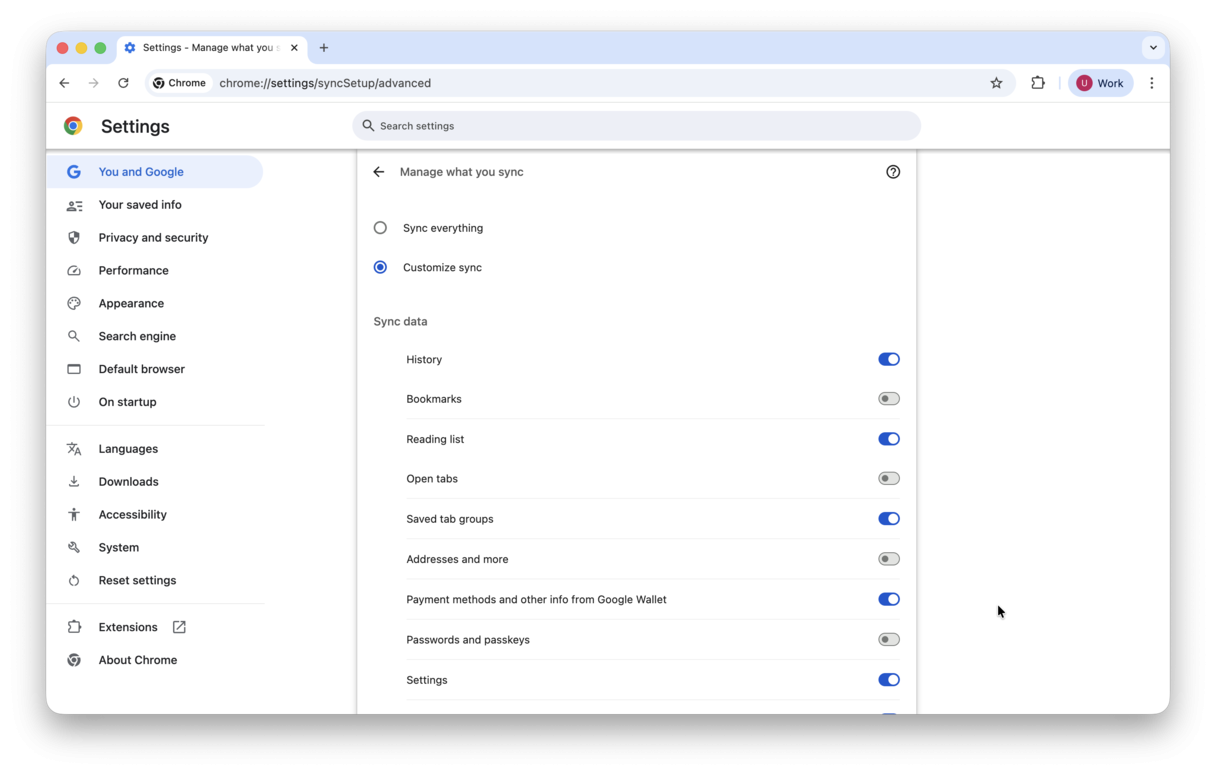 How to customize syncing in Chrome