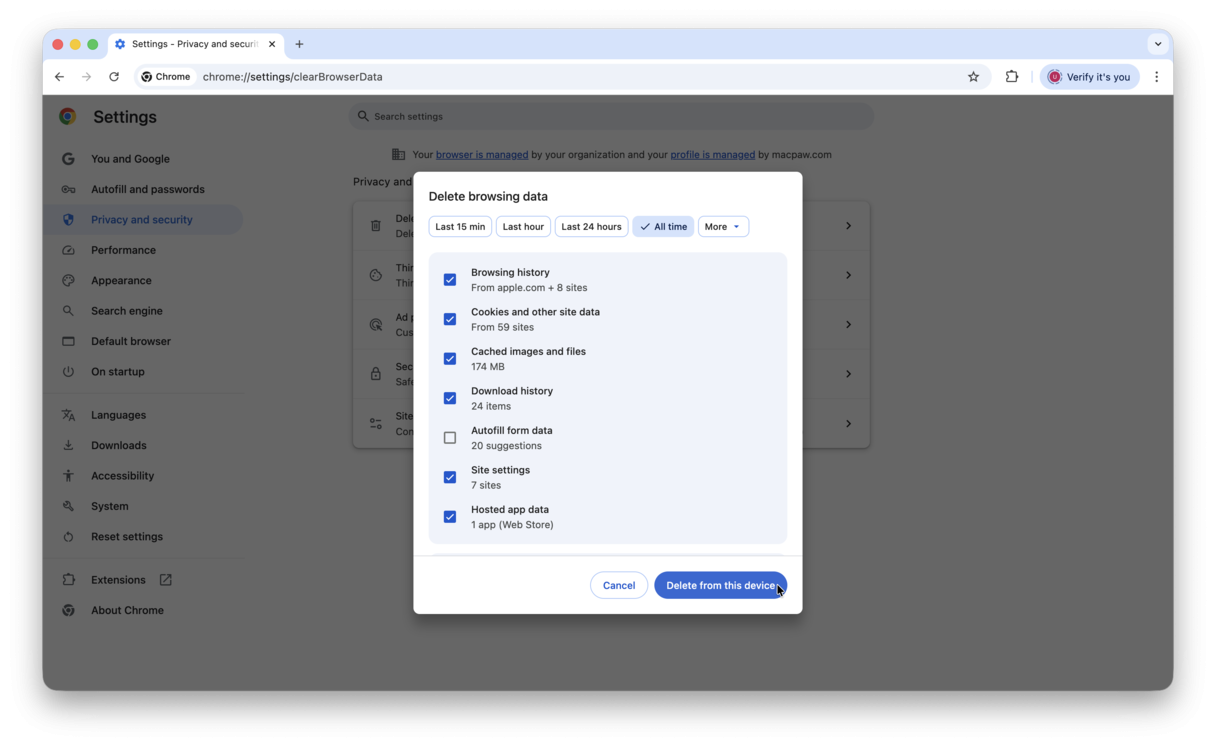 delete browser data in Chrome