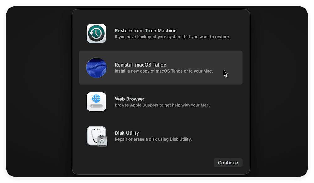 From Recovery, choose Reinstall macOS