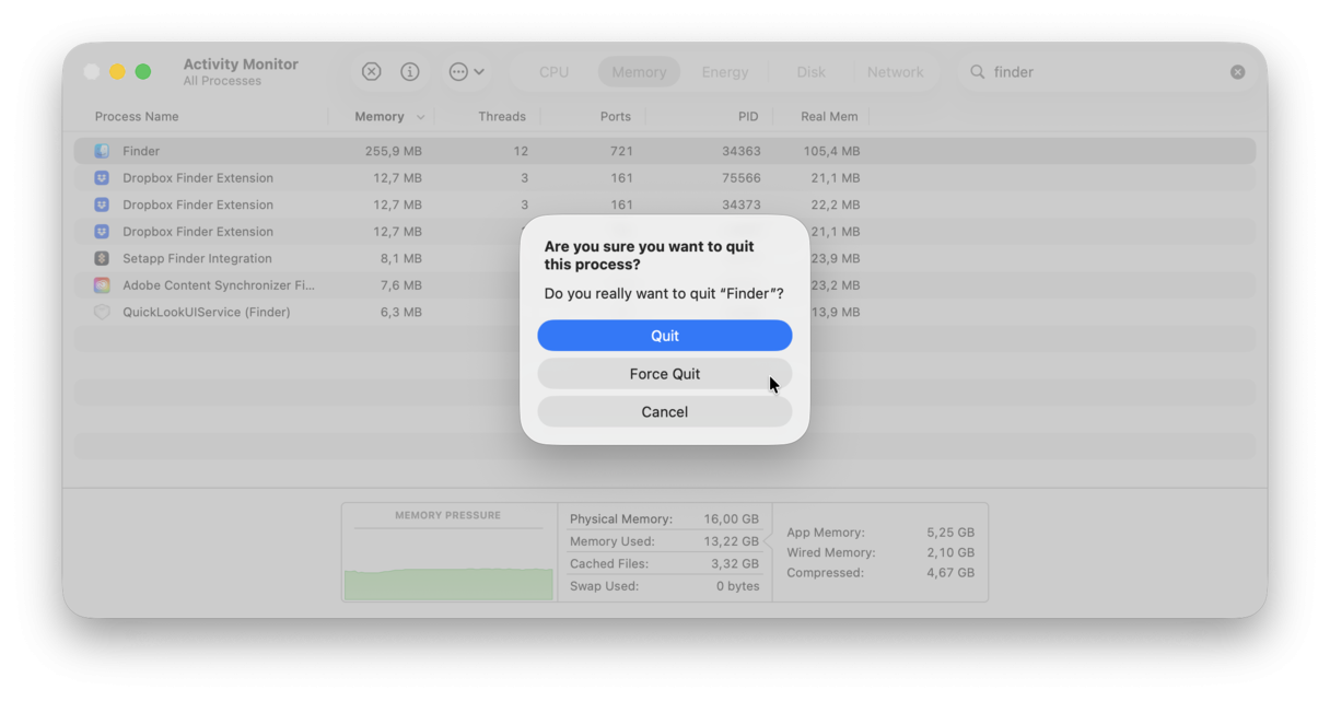 How to quit the Finder in Activity Monitor