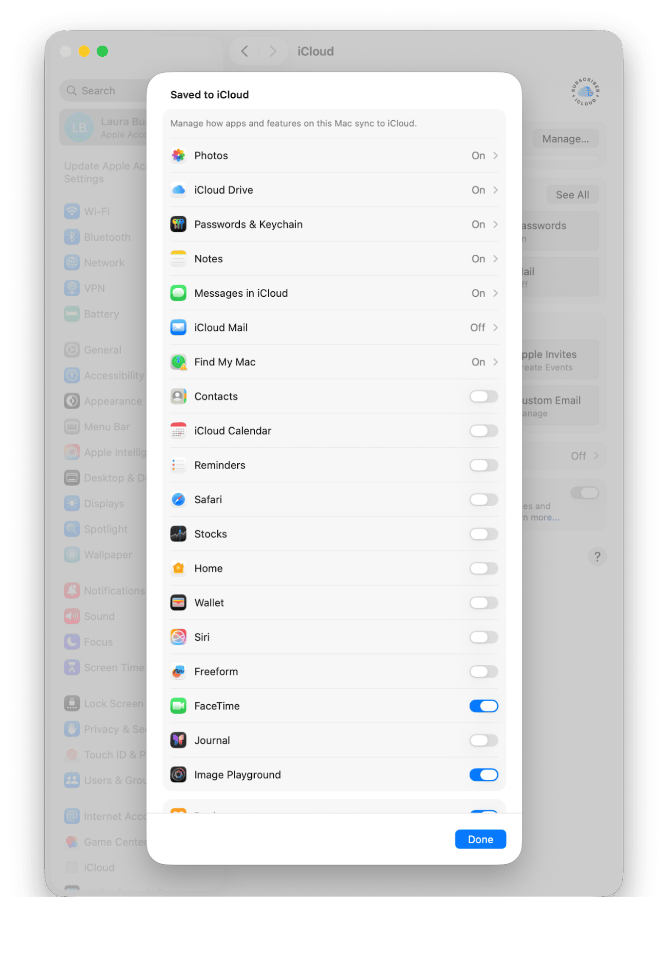 System Settings > Apple Account > iCloud > Show All > Contacts