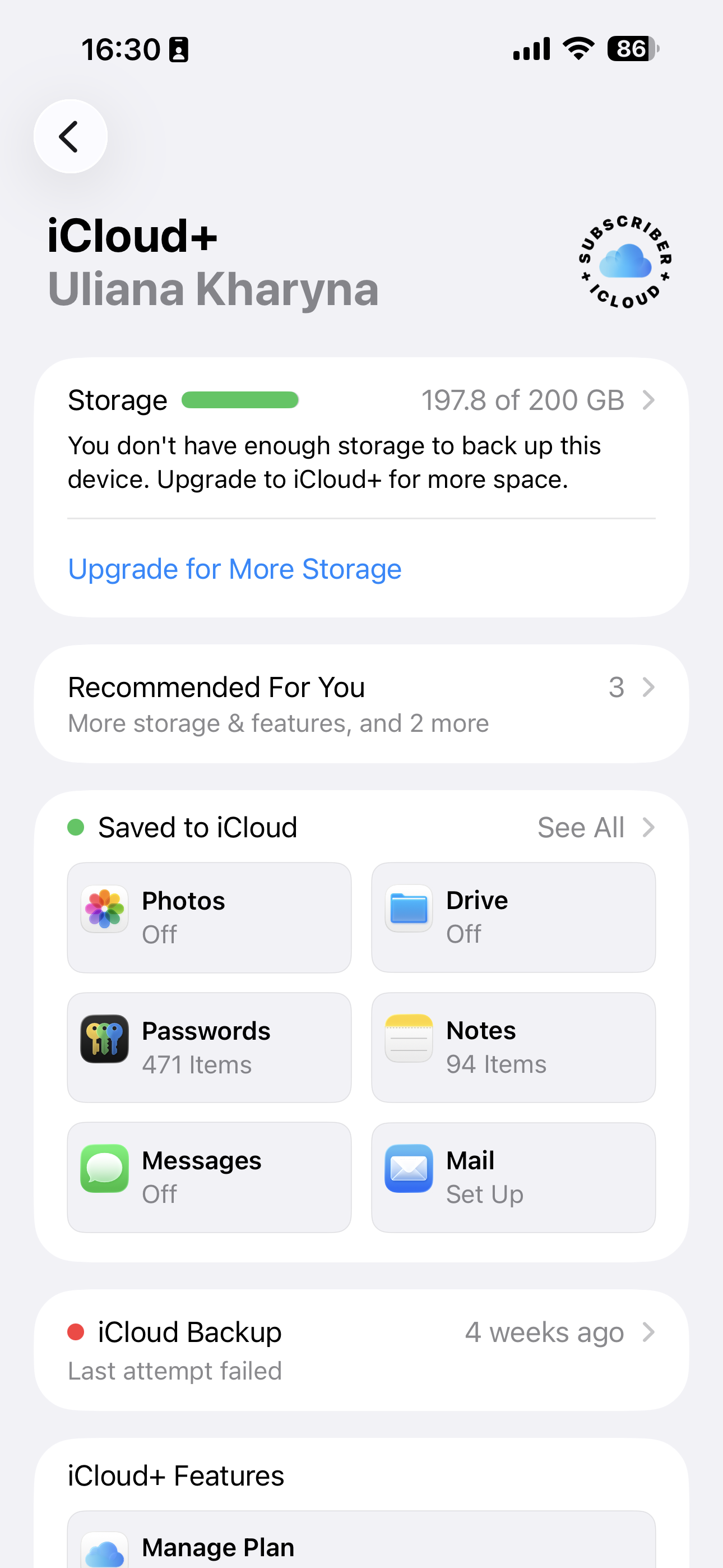 iCloud storage on an iPhone