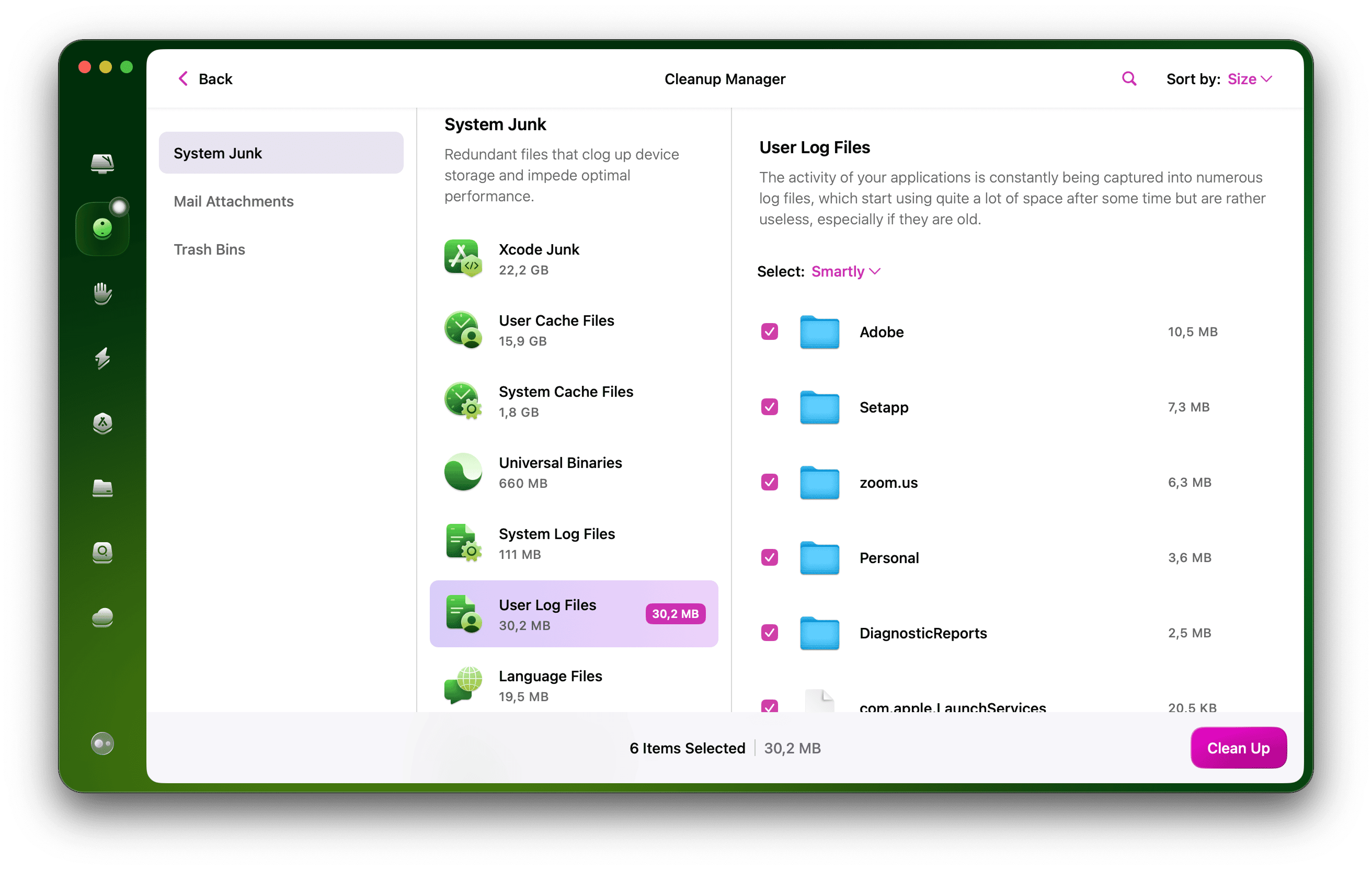 CleanMyMac  - User log files in System Junk module