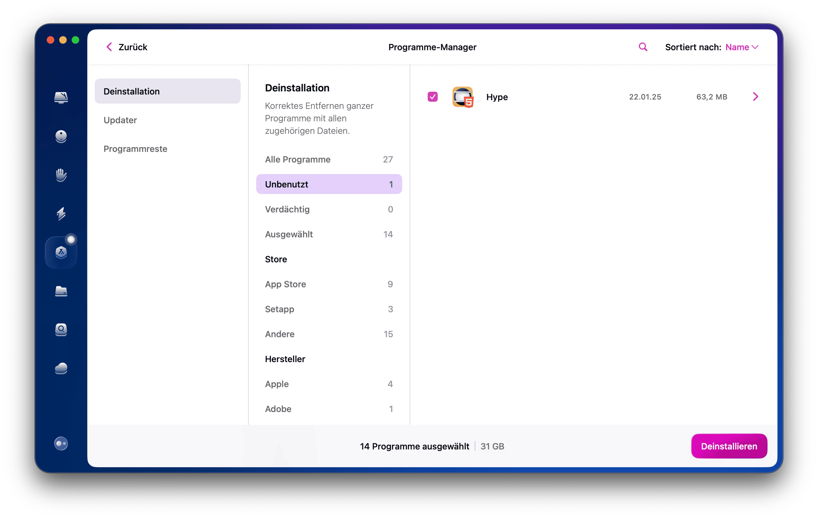 Feature &bdquo;Uninstaller&ldquo; von CleanMyMac