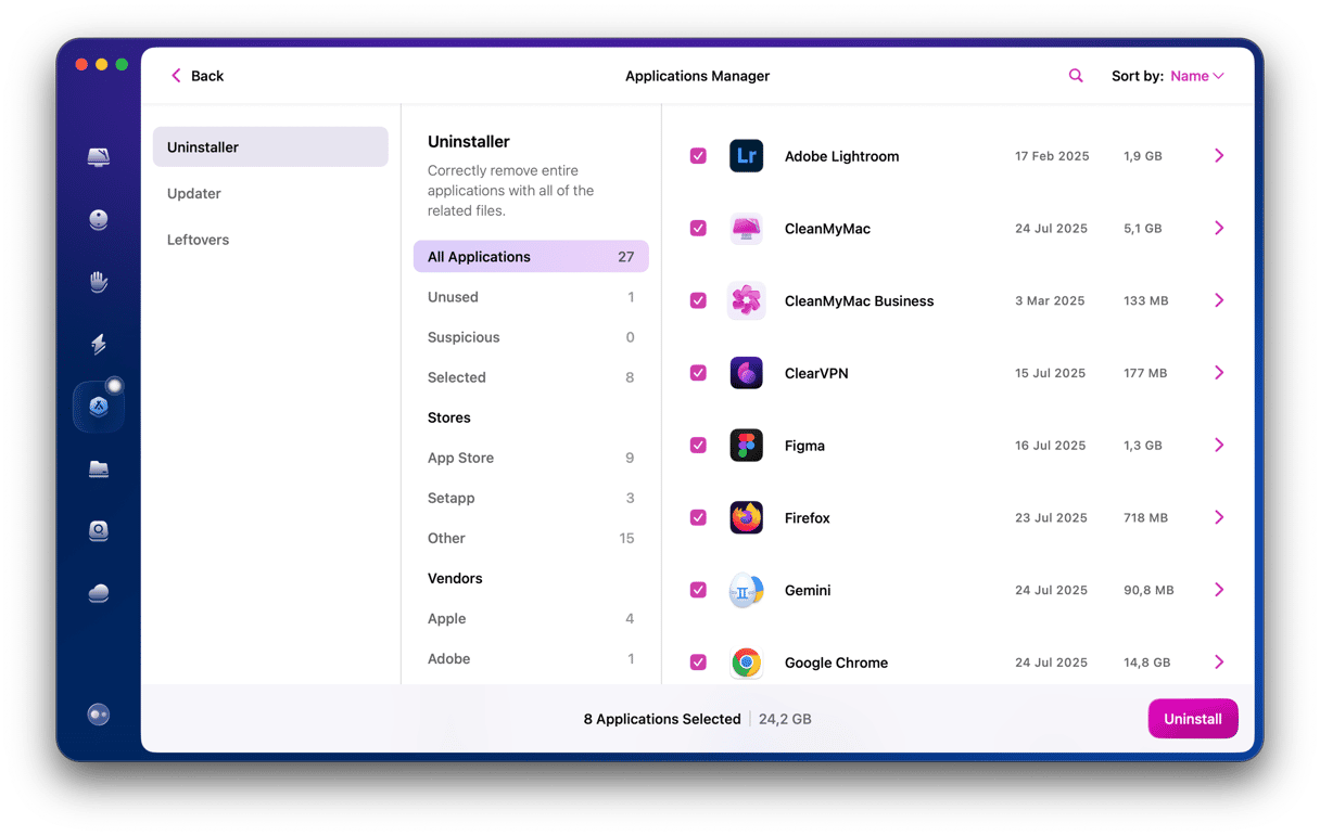 All apps selected in the Uninstaller module of CMM