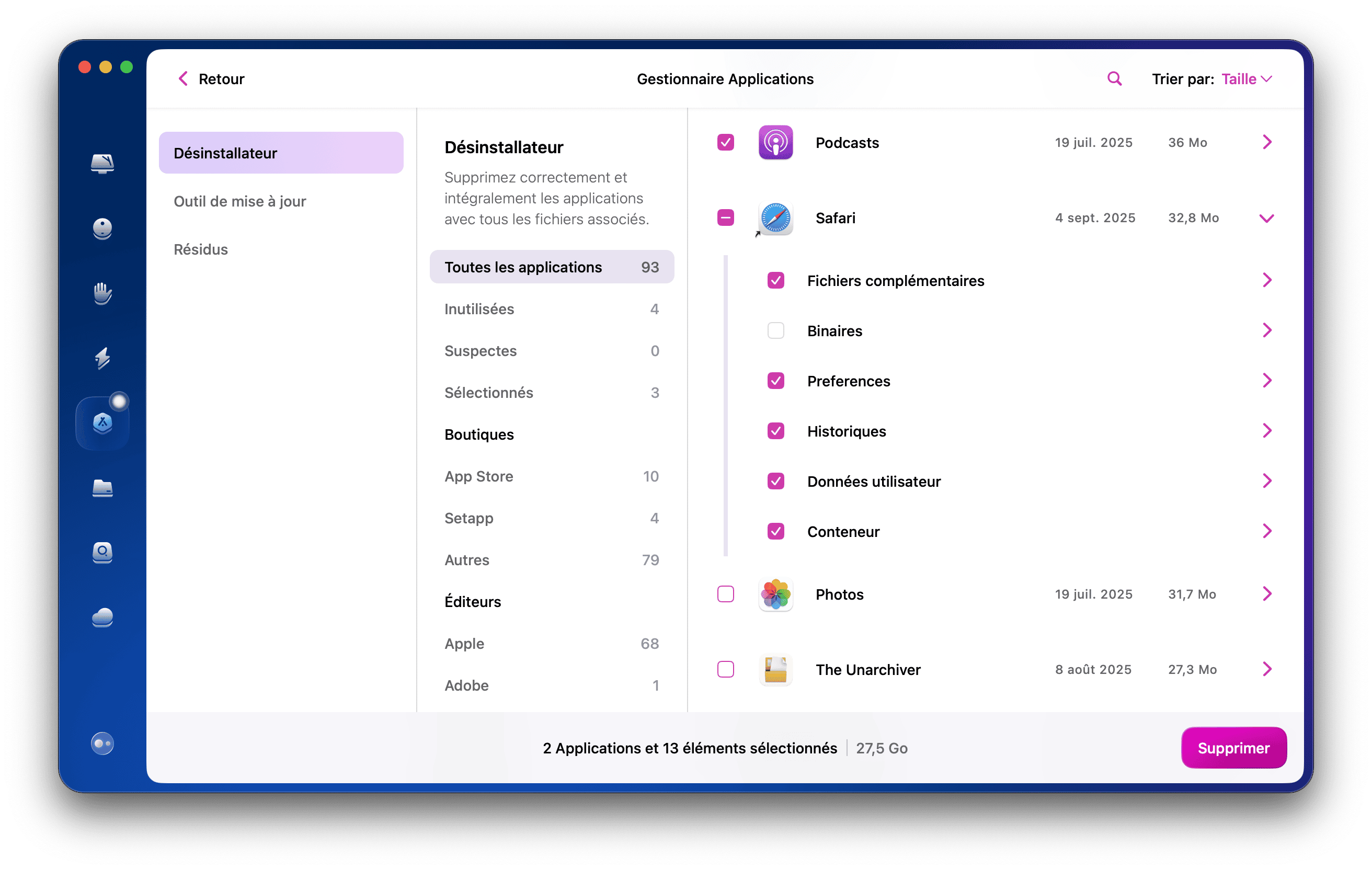 Reset di Safari selezionato nel modulo Disinstallazione in CMMX