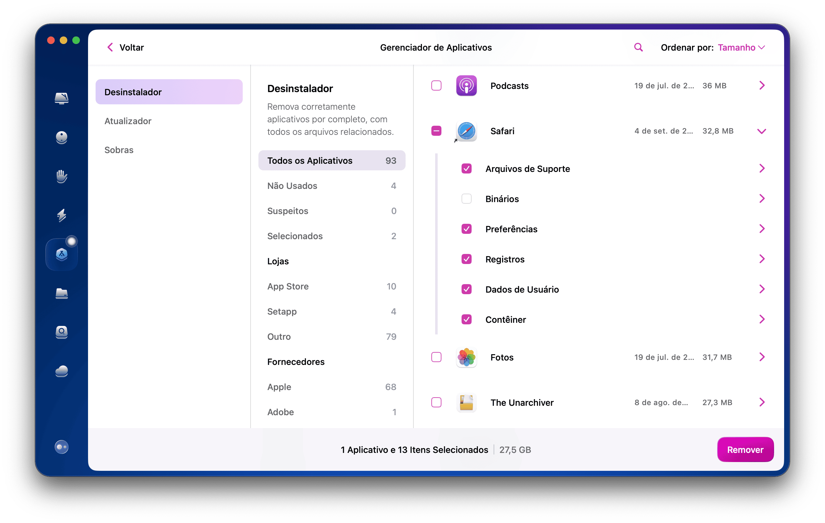 Op&ccedil;&atilde;o para redefinir o Safari, selecionada no m&oacute;dulo Desisntalador do CleanMyMac