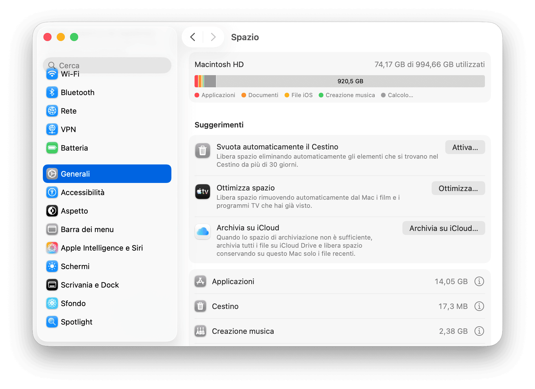 Preferenze di Sistema Spazio