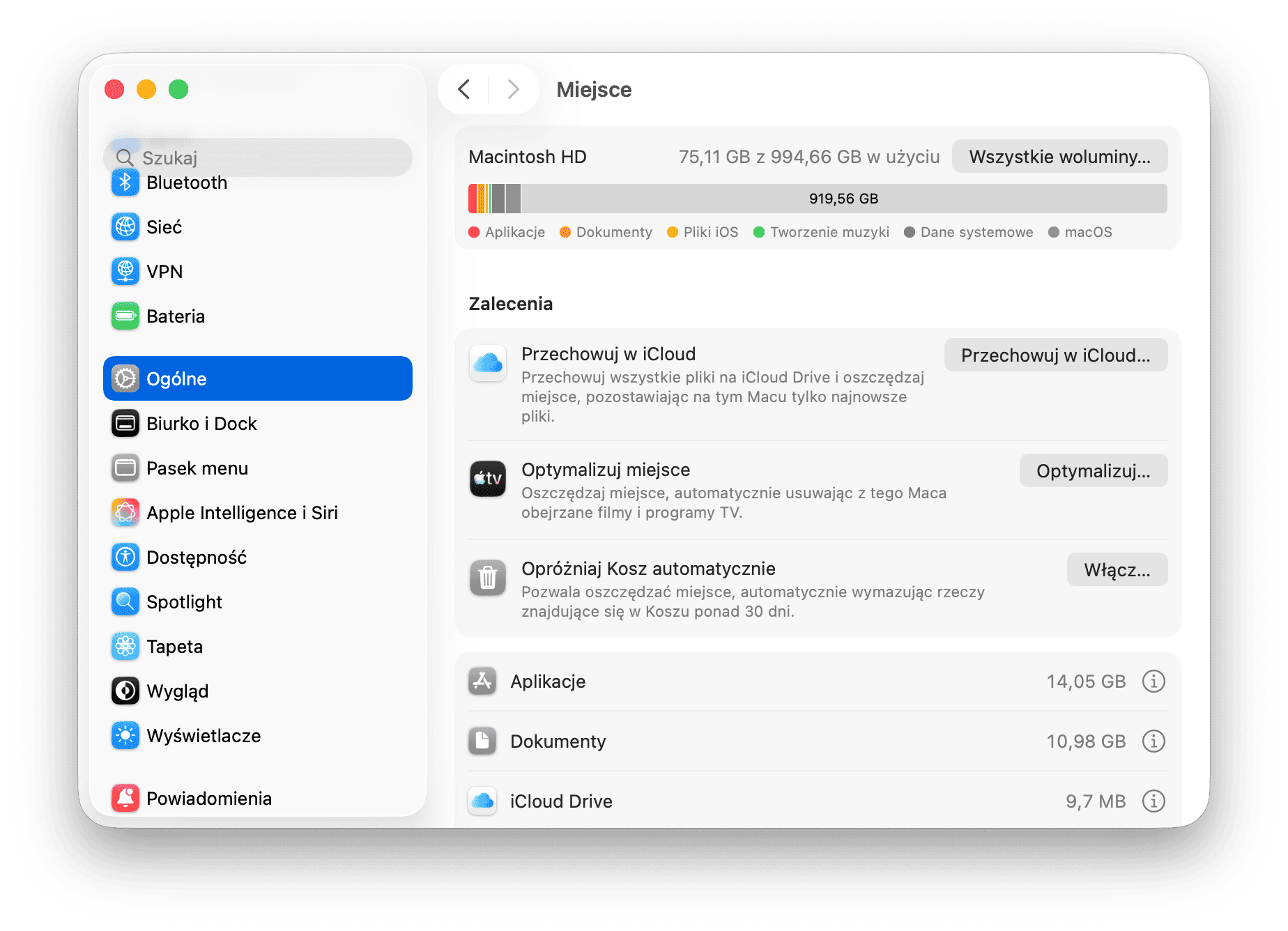 Ustawienia systemowe Miejsce