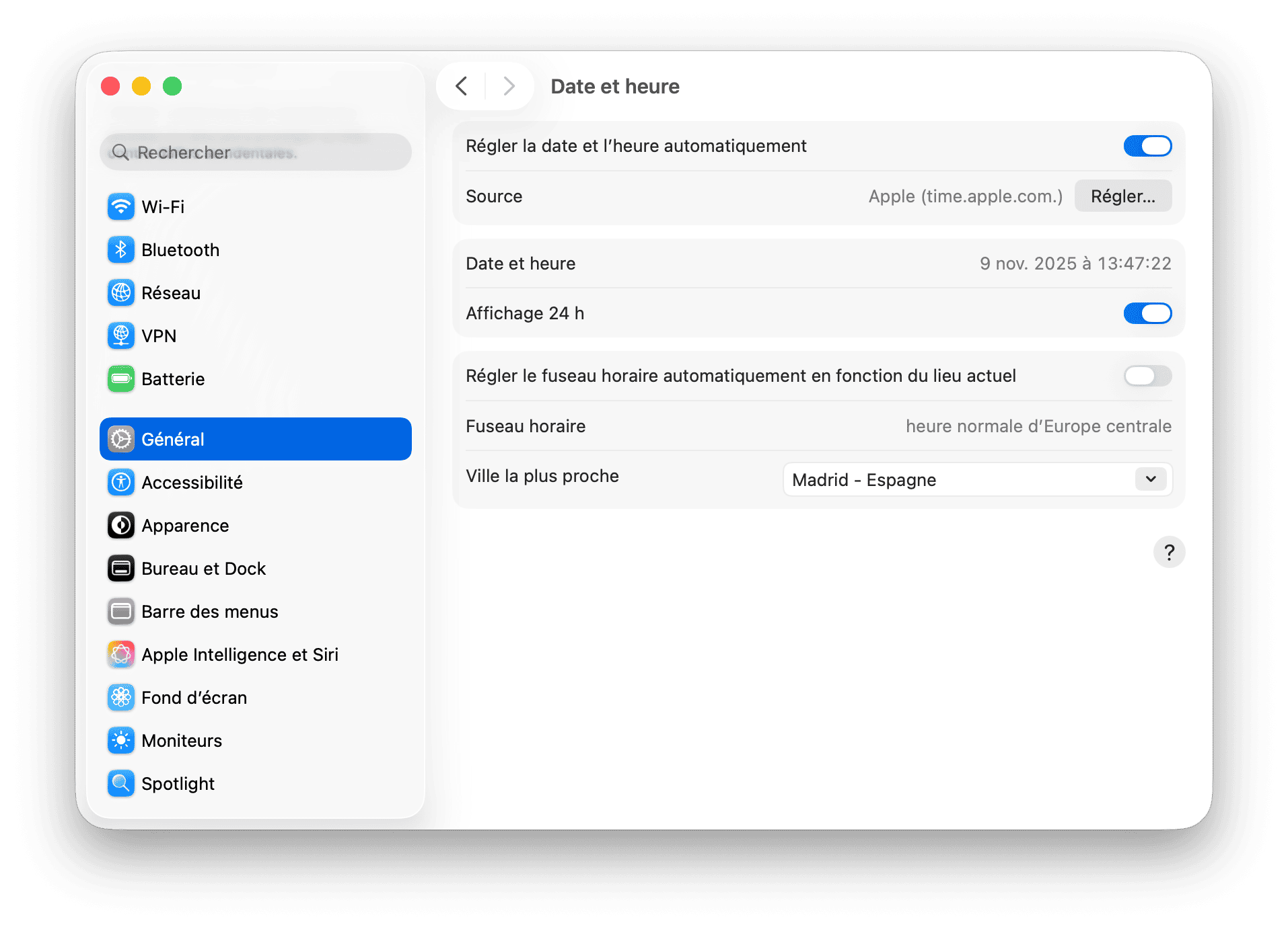 Reglages du systeme Date et heure