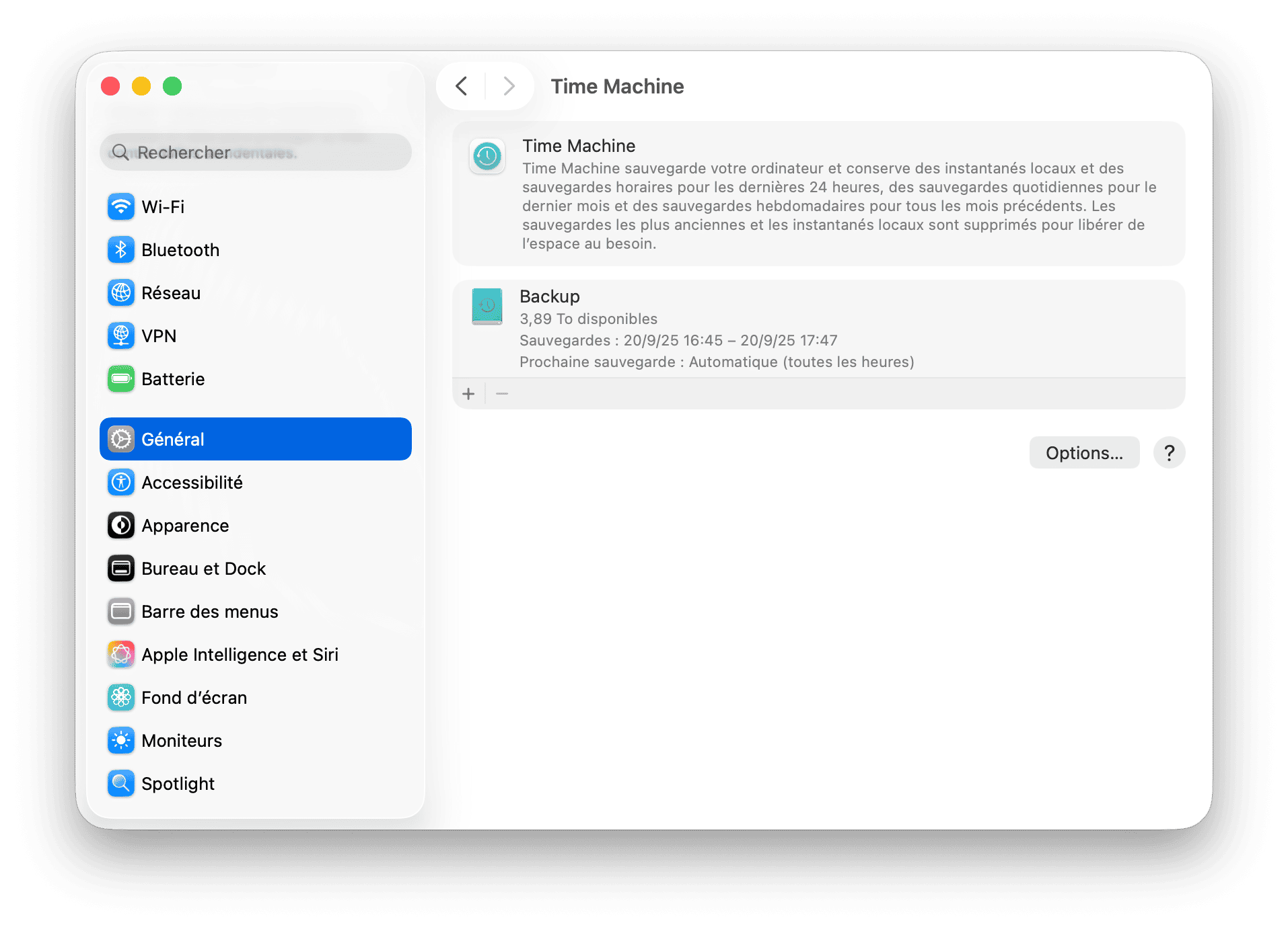 Reglages du systeme Time Machine