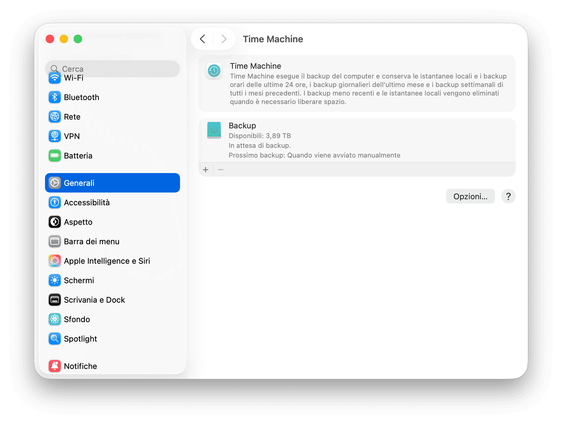 Preferenze di Sistema Time Machine