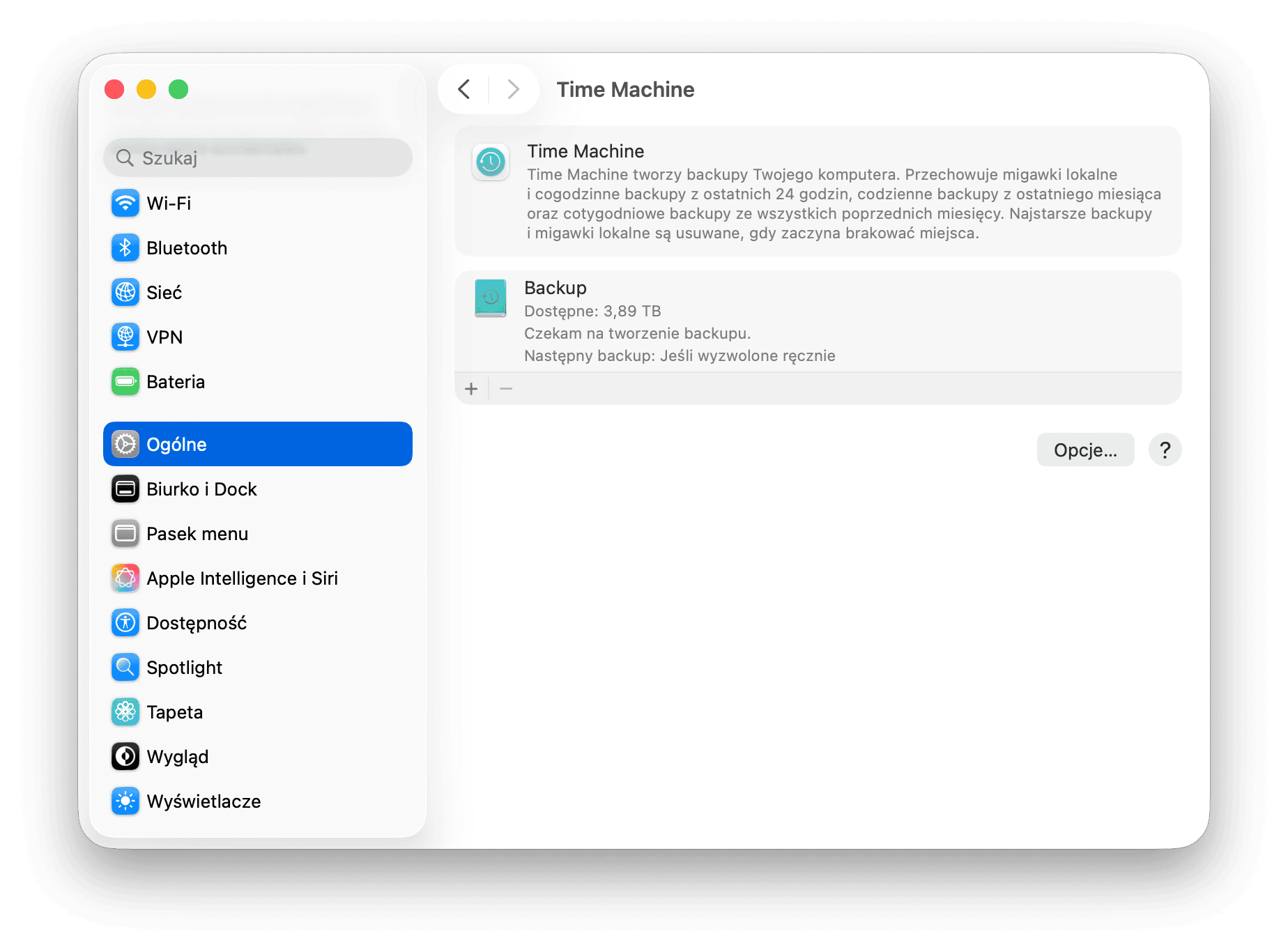 Ustawienia systemowe Time Machine