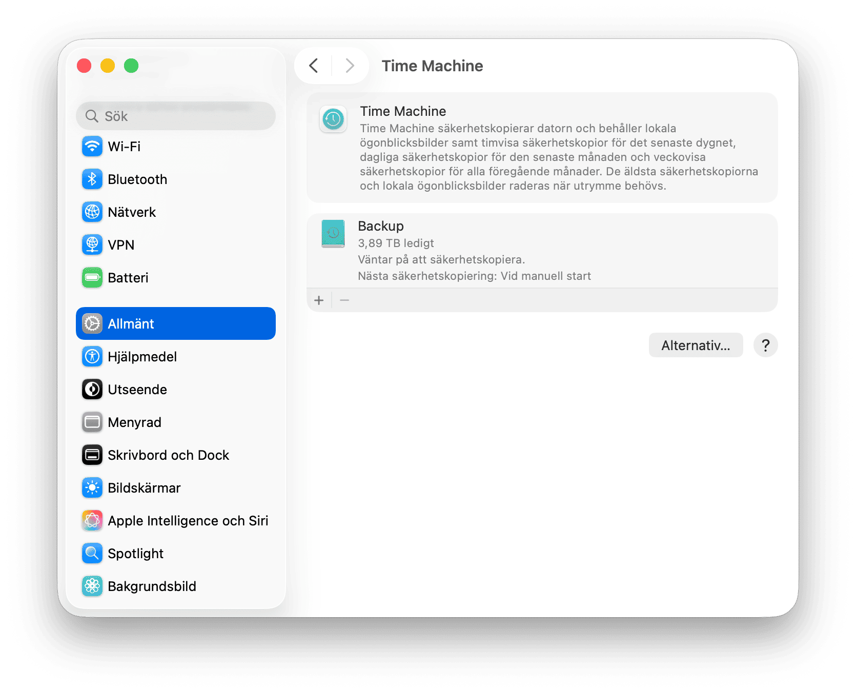 systemet Inst&auml;llningar Tidsmaskin