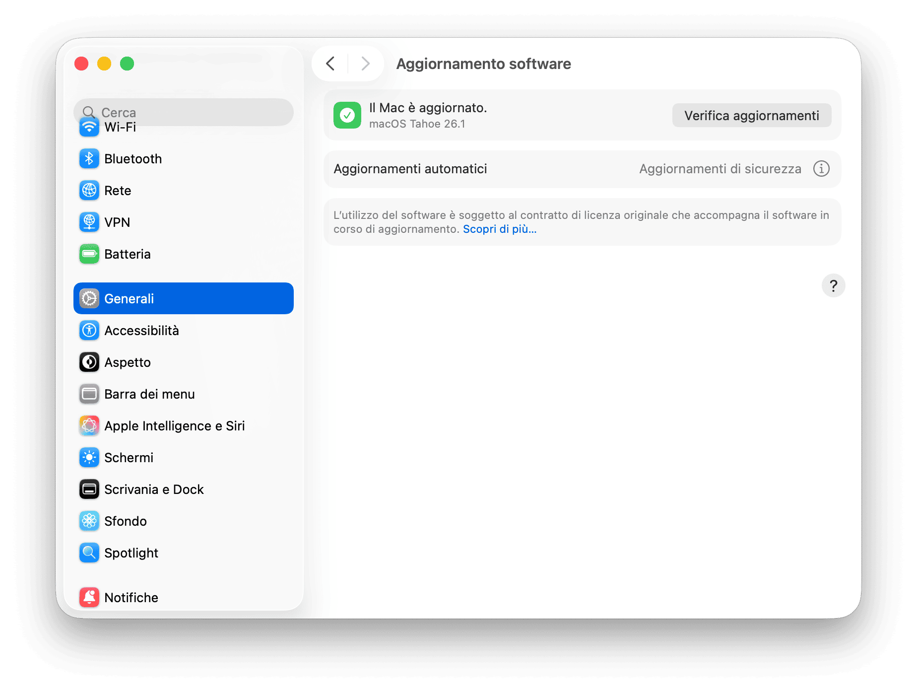 Preferenze di Sistema Aggiornamento Software