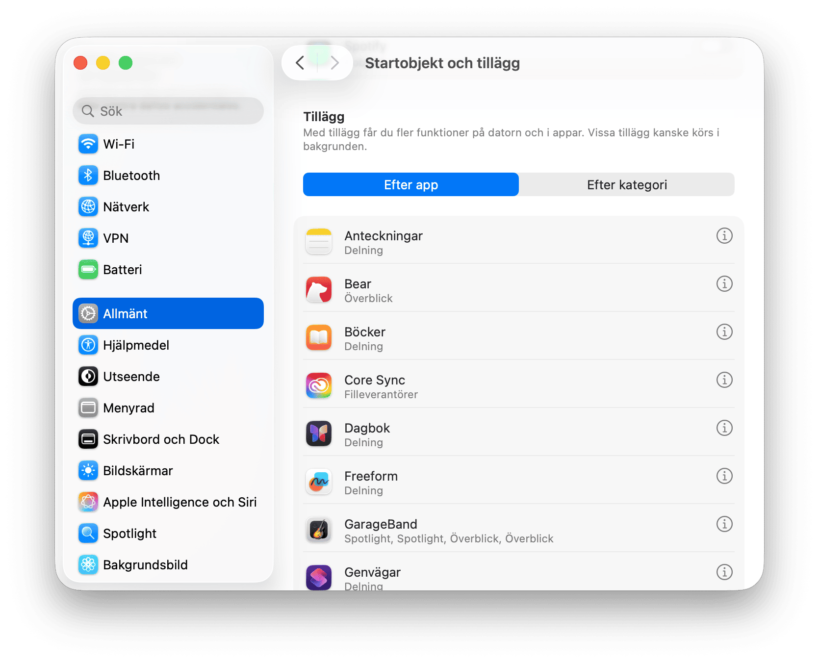 systemet Inst&auml;llningar Till&auml;gg