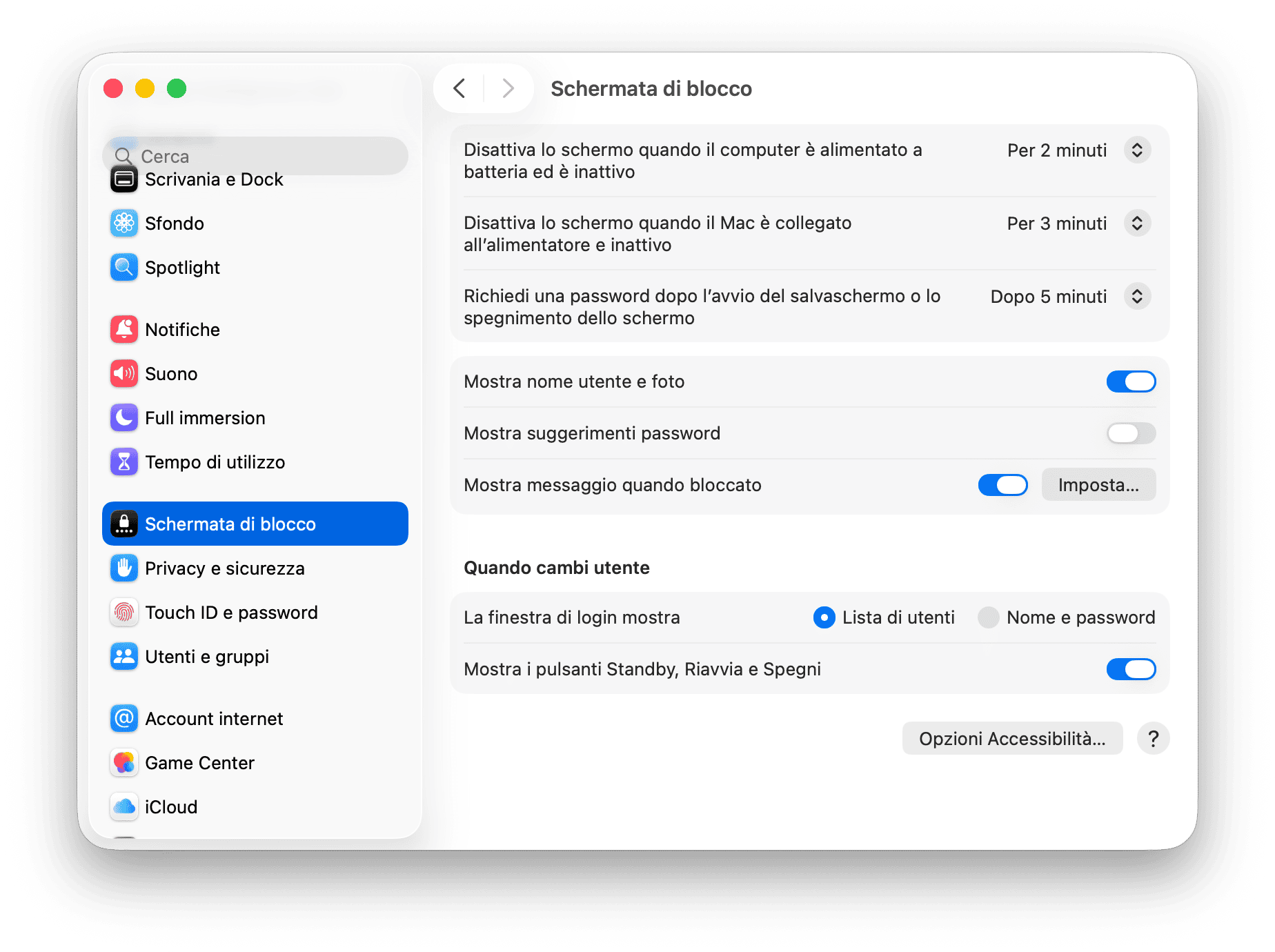 Preferenze di Sistema Schermata di blocco