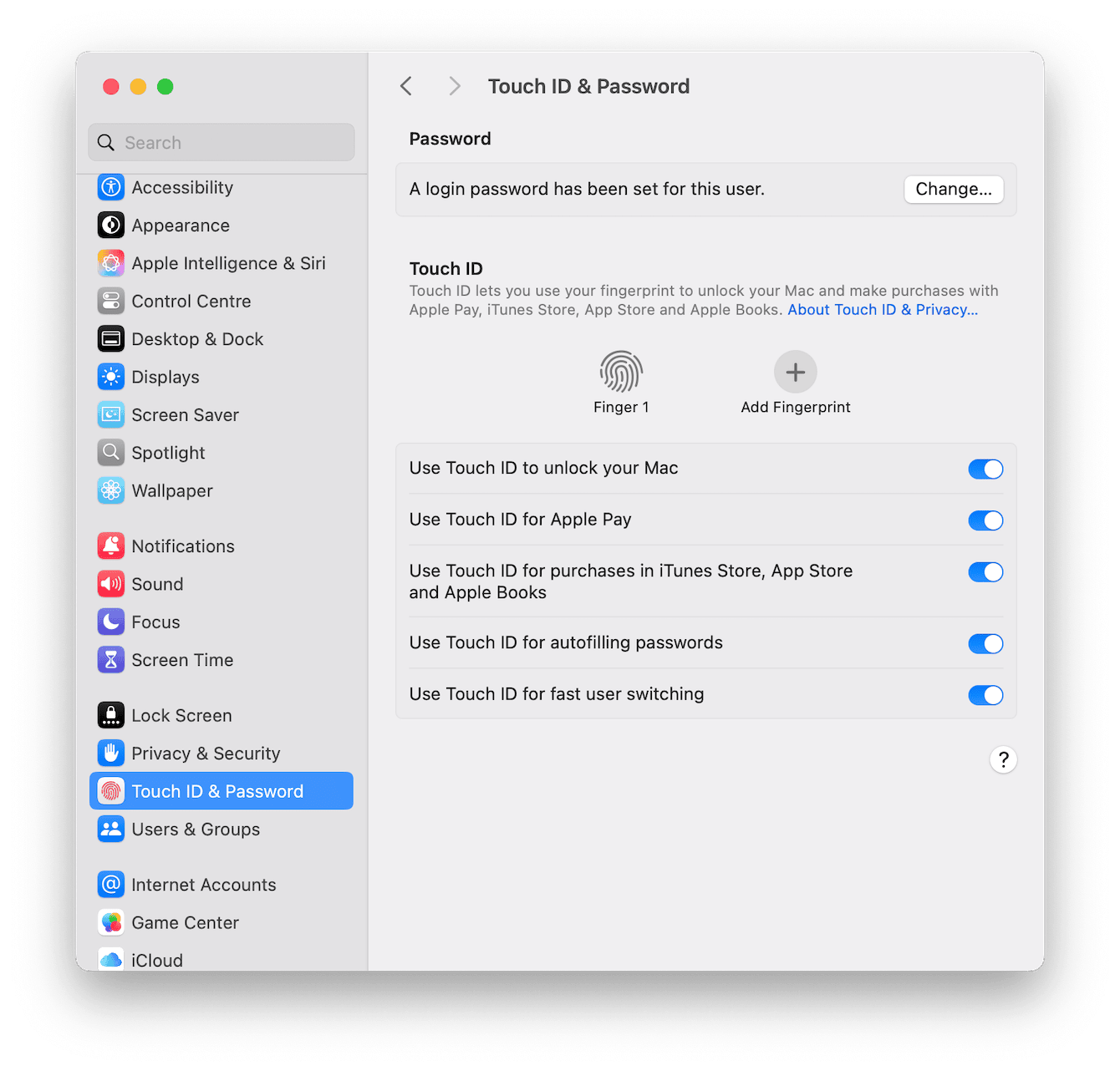 Touch ID & Password settings on Mac