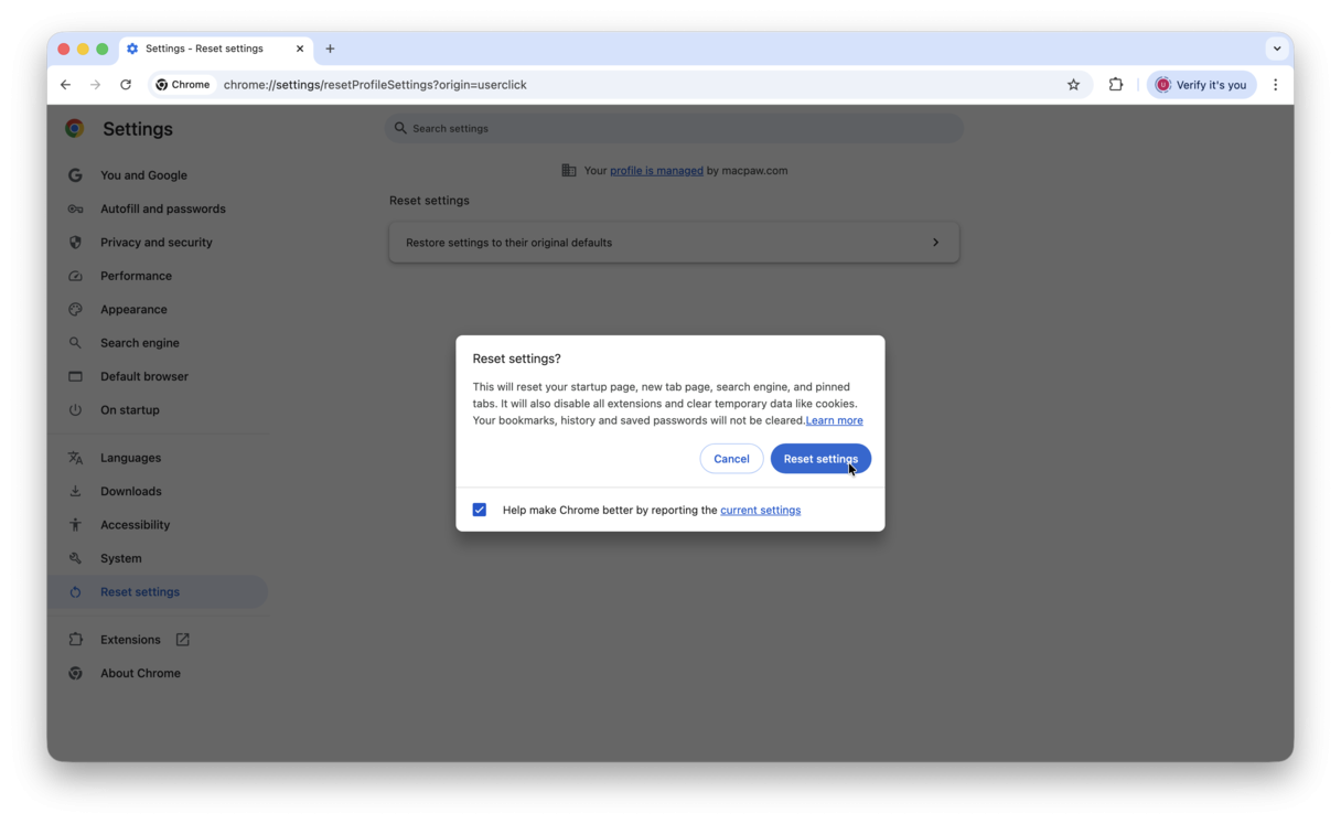 Reset Settings window