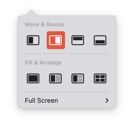 Hover over the green button (officially called the Full-Screen Mode) in the top-left corner of one window