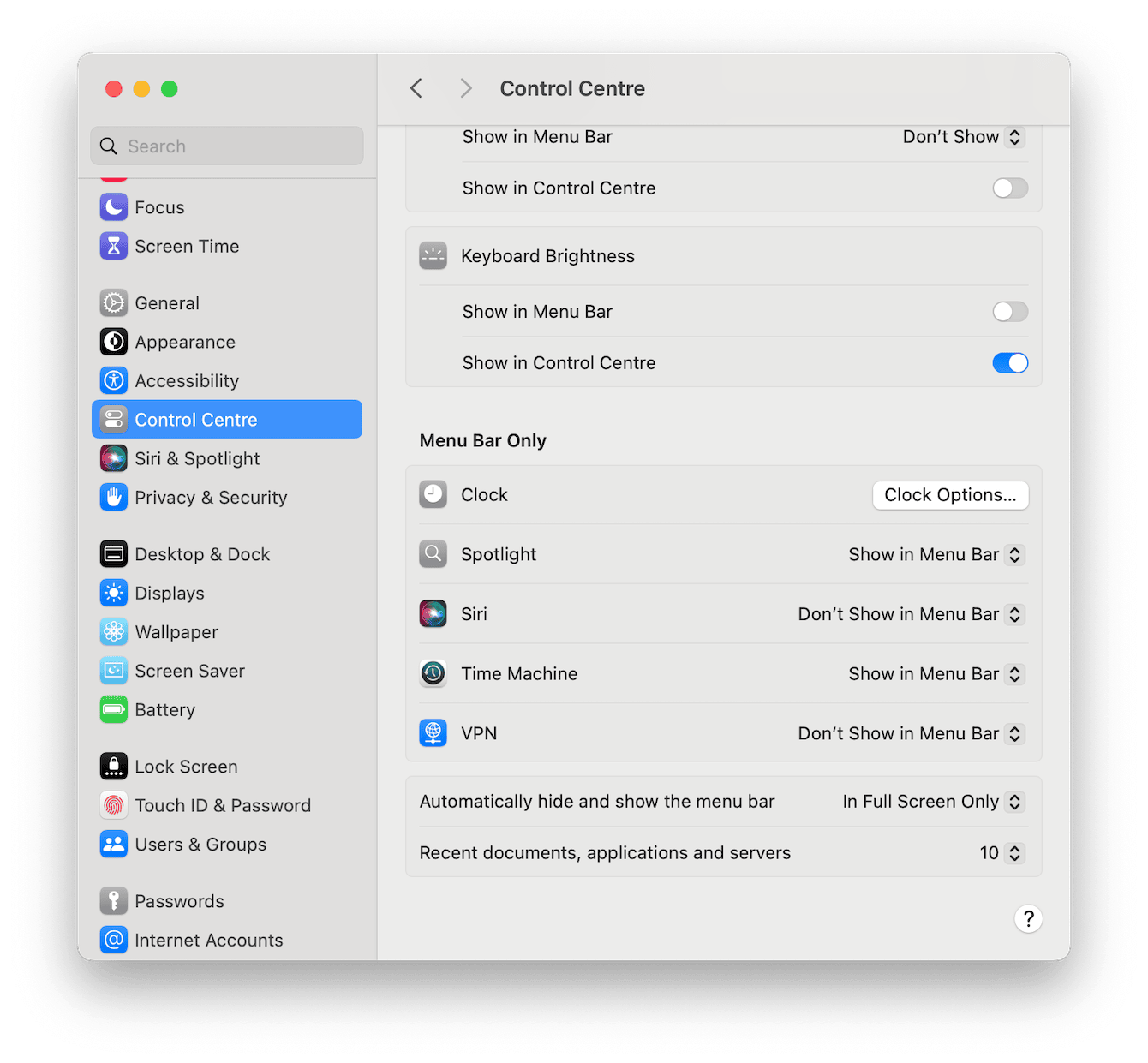 System Settings &ndash; Control Center