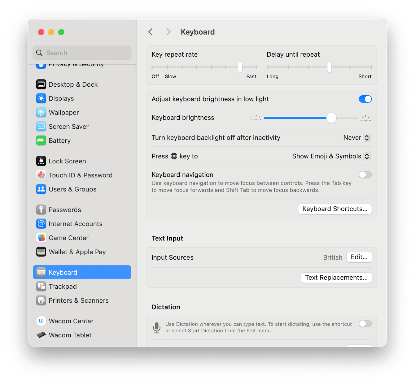 Keyboard settings on Mac