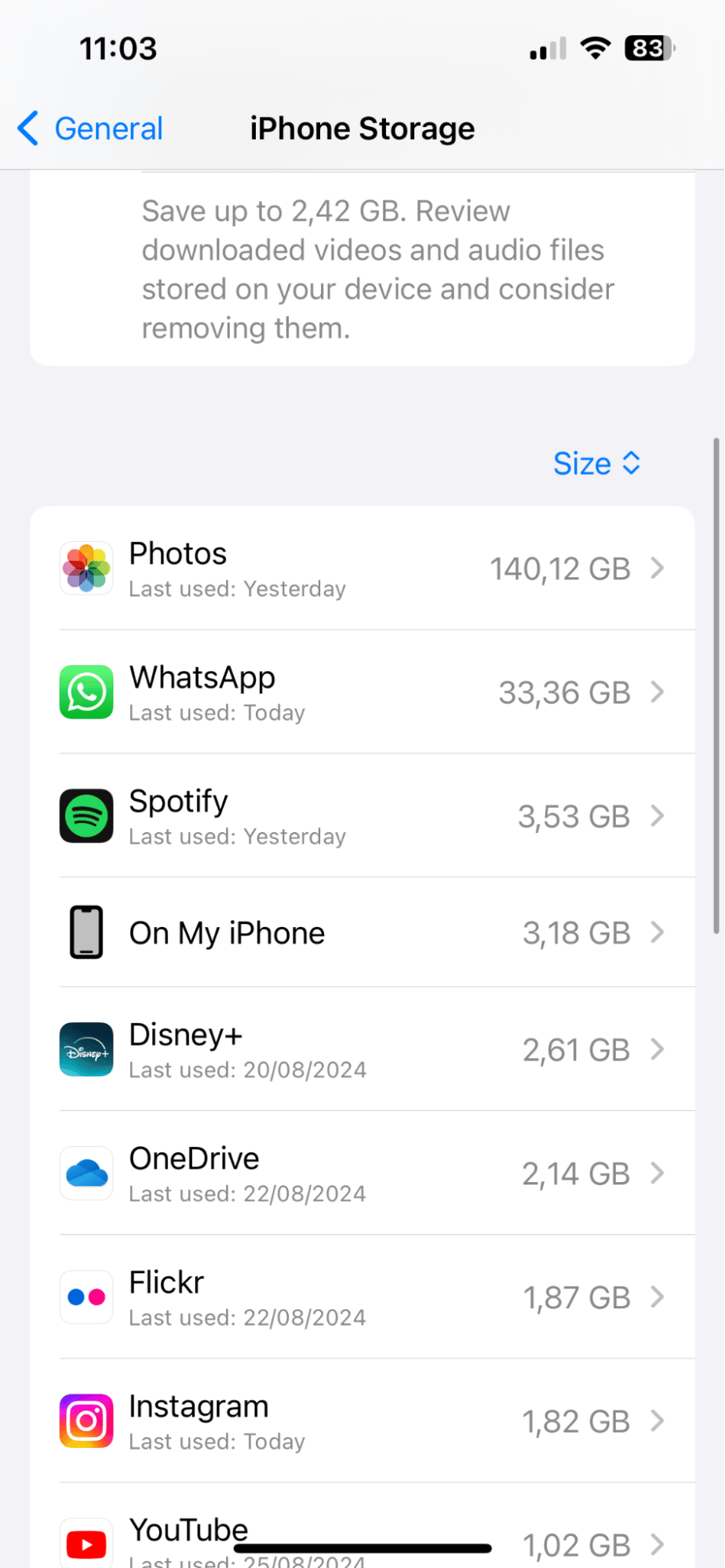 Settings &ndash; iPhone storage