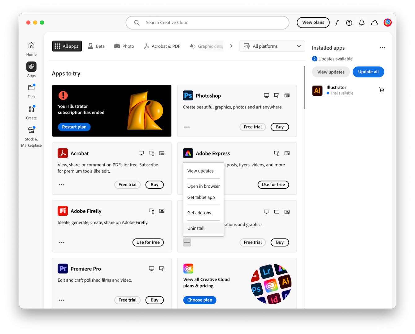 Remove Adobe apps from inside Creative Cloud