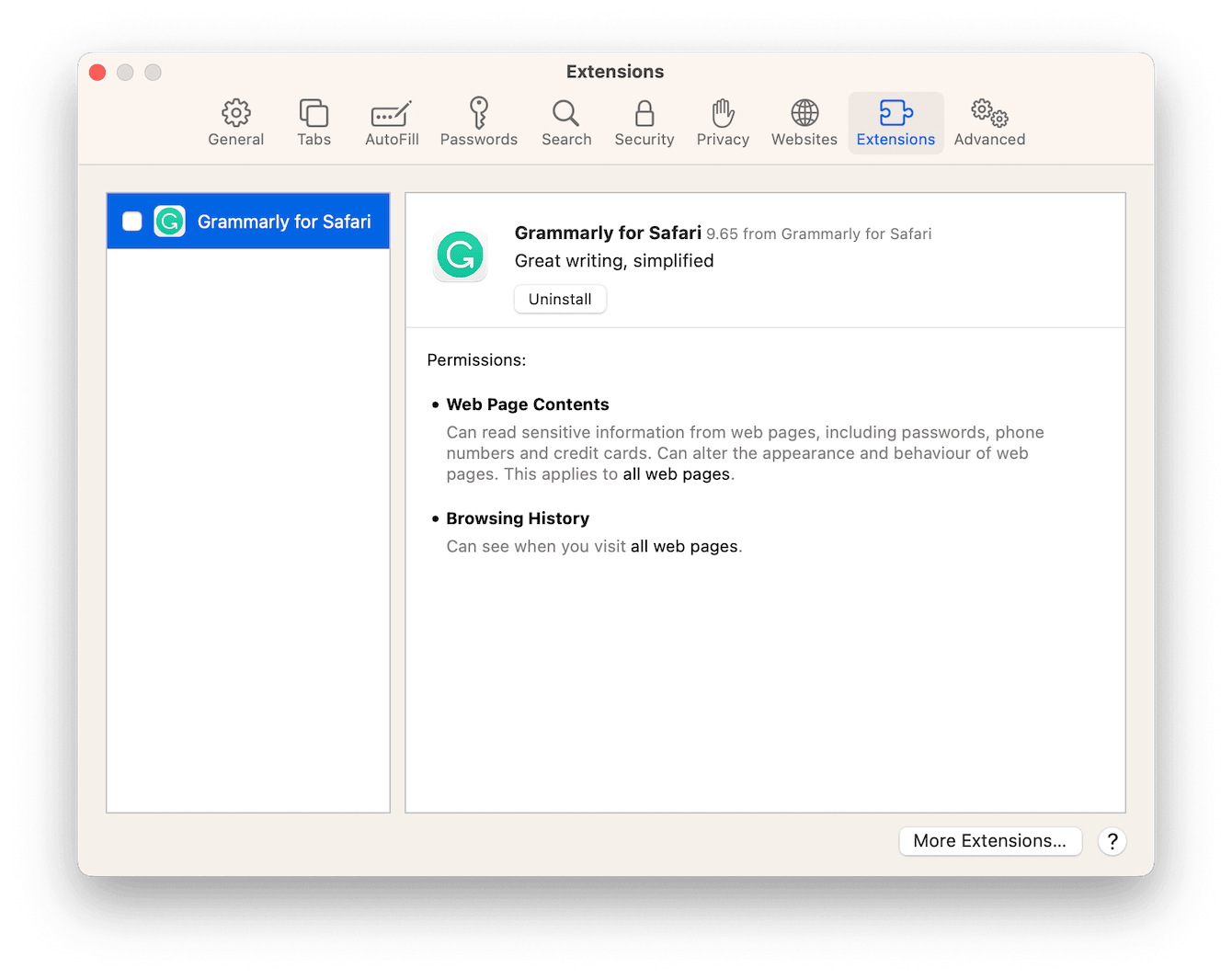 Settings &ndash; Extensions